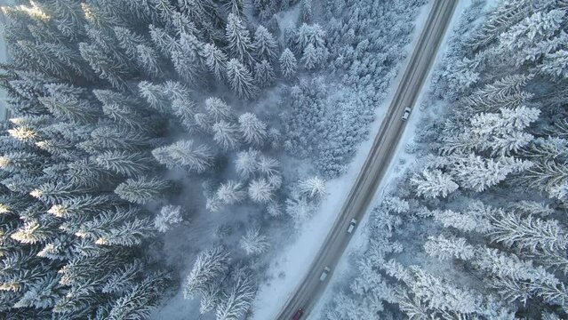 Aerial Car driving on winter country road in snowy forest, aerial view from drone in 4k.