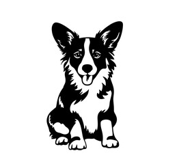 Vector isolated one single Welsh Corgi Cardigan Pembroke dog puppy sitting full body front view black and white bw two colors silhouette. Template for laser engraving or stencil