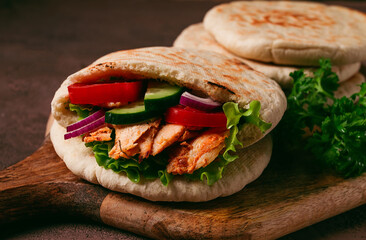 Shawarma in pita bread, chicken, with vegetables, homemade, no people,