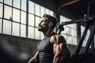 Strong athletic European Caucasian man doing bodybuilding in gym masculine guy on workout bodybuilder working out exercising male fitness sport trainer training athletic body heavy metal equipment