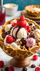 Ice cream sundae in an edible waffle bowl, Generative AI