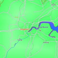  Illustrated Map of Hangzhou City in China in green
