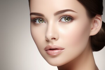 Fototapeta premium Beautiful young european woman skincare morning routine female lady taking care skin beauty moisturizing cream moisturizer cosmetics cosmetology face applying facial serum smooth natural skin make-up