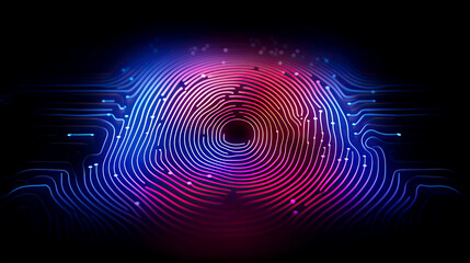 Abstract neon glowing fingerprint on black background. Generative AI