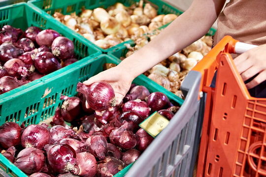 Red onion in hands of buyer in shop