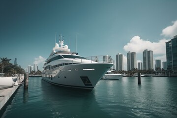 A luxurious yacht docked at a marina with pristine blue waters. Generative AI