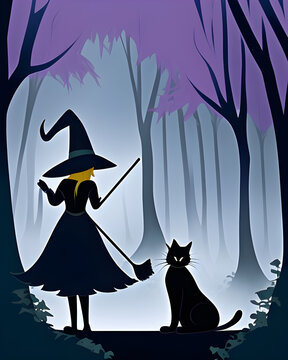 Halloween witch with a broom and cat