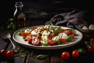 Salad of tomato, mozzarella, and basil with olive oil and balsamic vinegar. Generative AI