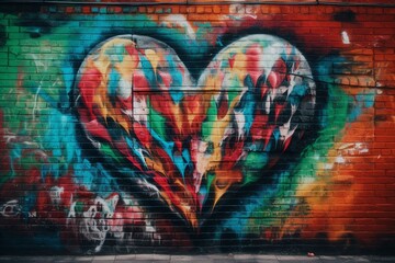 Vibrant heart graffiti on brick wall conveys love. Generative AI