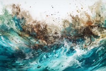 Vibrant artwork depicting flowing oceanic waves using ink and watercolor. Generative AI