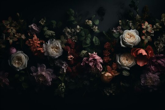 Floral banner with botanical backdrop, dark paper flowers, gothic border, and empty floral card. Generative AI