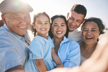 Happy, selfie and portrait of big family on the beach for tropical vacation or adventure together....