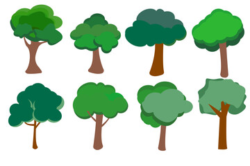 Green trees flat icon set. Forest foliage landscape floral outdoor element. Green tree border. Forest foliage and coniferous plants in a row. set of cartoon trees isolated on a white backgrounds
