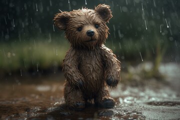 a cute distressed bear standing in heavy rain. Generative AI