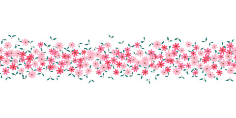 horizontal seamless border with small bright pink flowers and leaf vector illustration on transparent background © Little J