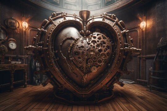 Heart-shaped steampunk-themed backdrop. Generative AI