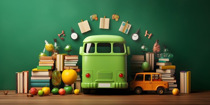 Back to school banner. Funny School bus with books and accessory in front of green chalkboard with copy space. 3D Rendering, 3D Illustration