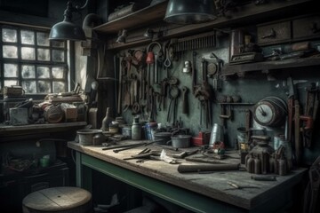 Fototapeta na wymiar Vintage garage workshop scene with old tools hanging on wall and tool shelf against table and wall. Generative AI