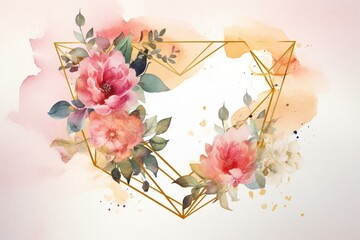 Beautiful watercolor floral wreath with a heart-shaped geometric frame in gold. Perfect for wedding stationary, greetings, wallpapers, fashion, etc. Generative AI