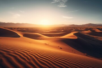 Fototapeta na wymiar Serene desert vista with undulating sand dunes beneath a mesmerizing gradient sky at dawn. Generative AI