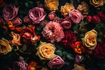 Floral wallpaper with vibrant pink and yellow roses. Generative AI