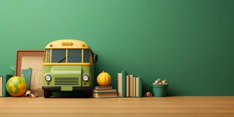 Foto op Plexiglas Back to school banner. Funny School bus with books and accessory in front of green chalkboard with copy space. 3D Rendering, 3D Illustration © Jing