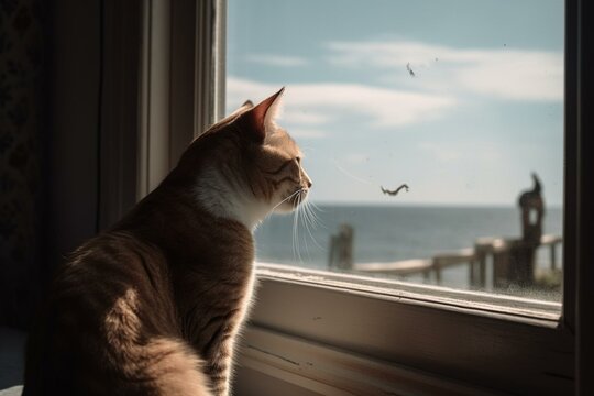 Picture of a cat gazing at a summer sky through a window, with a view of the sea and a lighthouse. Generative AI