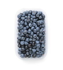 Plastic container with fresh blueberry on white background