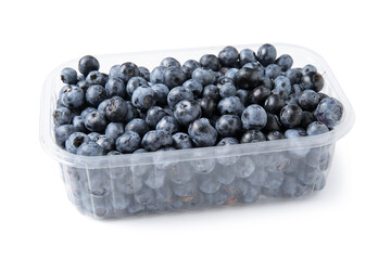 Plastic container with fresh blueberry on white background