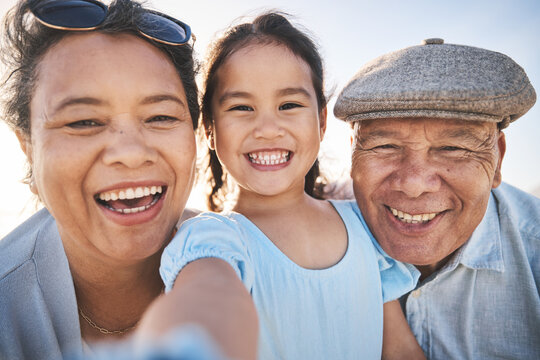 Smile, selfie and portrait of girl with grandparents in nature on fun family vacation or adventure. Happy, memory and child bonding and taking a picture with her grandmother and grandfather on a trip