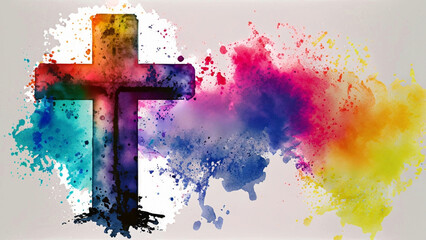 Christian Cross Against Colorful Watercolor Splashes Isolated on White Background, Religious Symbol - obrazy, fototapety, plakaty