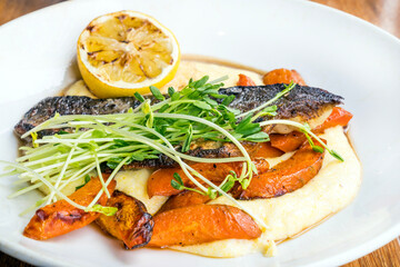 Branzino Fish and Polenta, Housemade pasta, 
Calgary Downtown.Stampede Festival.Banff National Park, Canadian Rockies, Alberta, Canada...Banff National Park, Alberta, Canada