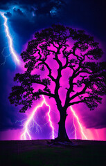 Fantasy landscape with a big tree and lightning. Generative AI.