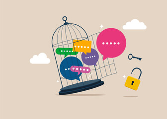 Speech bubbles with key free himself from cage. Discussion, conversation, meeting, team communication, colleague chatting, opinion. Flat vector illustration.