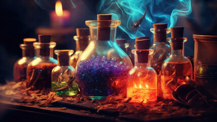 Obraz na płótnie Canvas Mysterious potion bottles and ingredients
