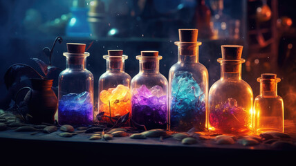 Obraz na płótnie Canvas Mysterious potion bottles and ingredients