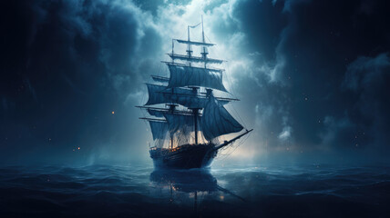Ghostly ship sailing on a dark sea