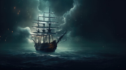 Ghostly ship sailing on a dark sea