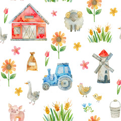 Watercolor cartoon seamless pattern, farm, harvest time