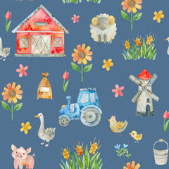 Watercolor cartoon seamless pattern, farm, harvest time
