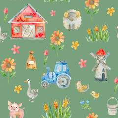 Watercolor cartoon seamless pattern, farm, harvest time