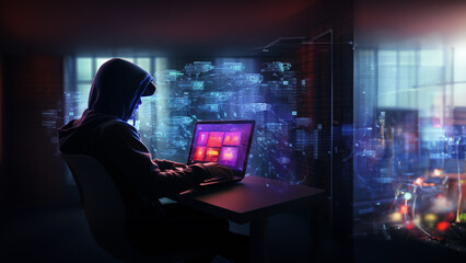Fototapeta premium hacker a man person working on a laptop cyber security