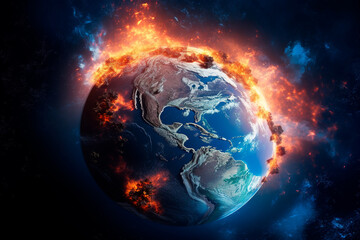 Planet Earth burning in flames because of the planet warming or for the fires from the space. Concept: Global warming will increase the planet temperature. Generative ai.