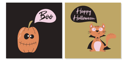 Set of two Halloween cards with cute smiling pumpkin and happy cat. 