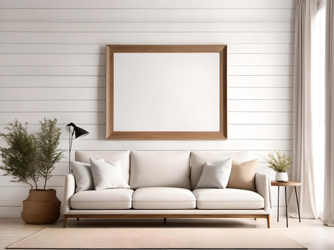 Minimalist farmhouse living room with blank frame mockup on white wooden wall paint, Generative AI