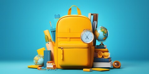 Fototapeta premium Back to school. Yellow backpack with books and school stuff on blue background 3D Rendering, 3D Illustration