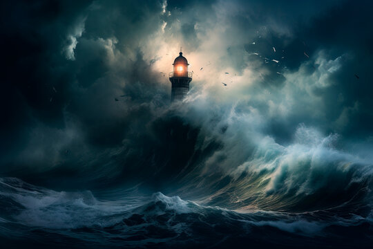 A lighthouse in the middle of a storm with giant waves. Concept: The climate change bringing stronger storms in the sea. Generative ai.