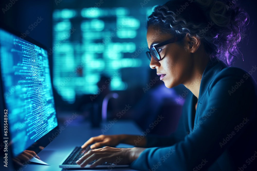 Poster generative ai collage photo of professional it specialist using device writing code computer network