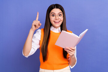 Photo of schoolgirl finger pointing up eureka genius plan how pass exam without preparing read book...