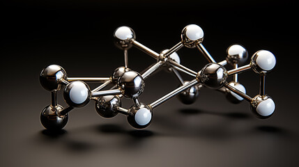 A shiny silver molecular model representing a chemical molecule, featuring small balls and precise, sleek lines.